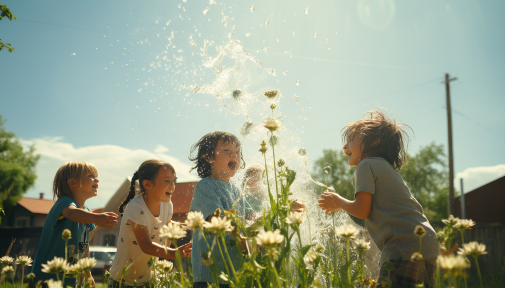 4-year-old and 5-year-old children joyfully playing around a sprinkler—a classic outdoor gift for kids