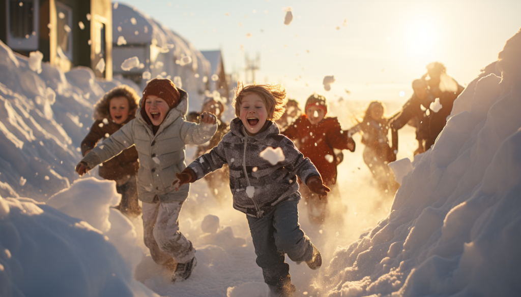 A group of kids in a snowball fight running toward the camera