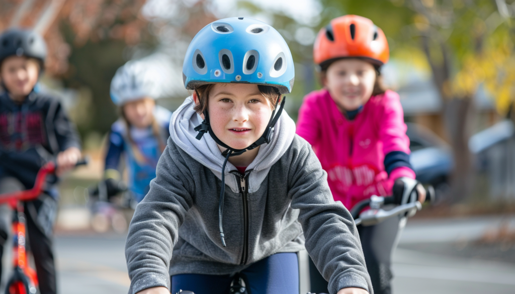 Several 10, 11, 12-year-old kids riding their bikes outside with helmets on.