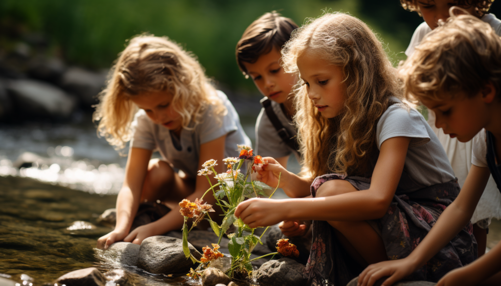 Five kids by a creek, joyfully picking flowers—best outdoor gifts for kids give them an appreciation for nature.