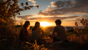 Lifelong friends: 10 to 12-year-old kids at a park, hanging out outdoors, and watching the sunset.