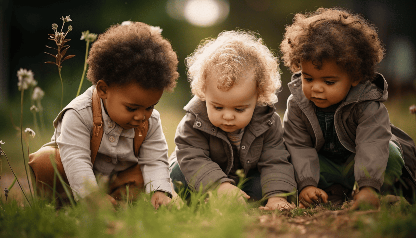 Three toddlers playing joyfully outdoors on the grass—best outdoor gifts for toddlers promote exploration.