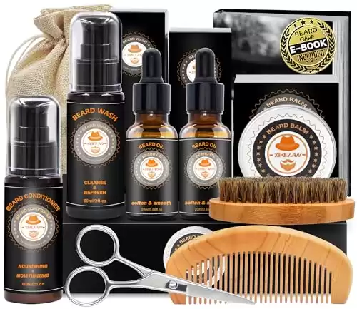Beard Grooming Kit with Beard Oil, Beard Balm, Conditioner, Brush, Comb, Scissors