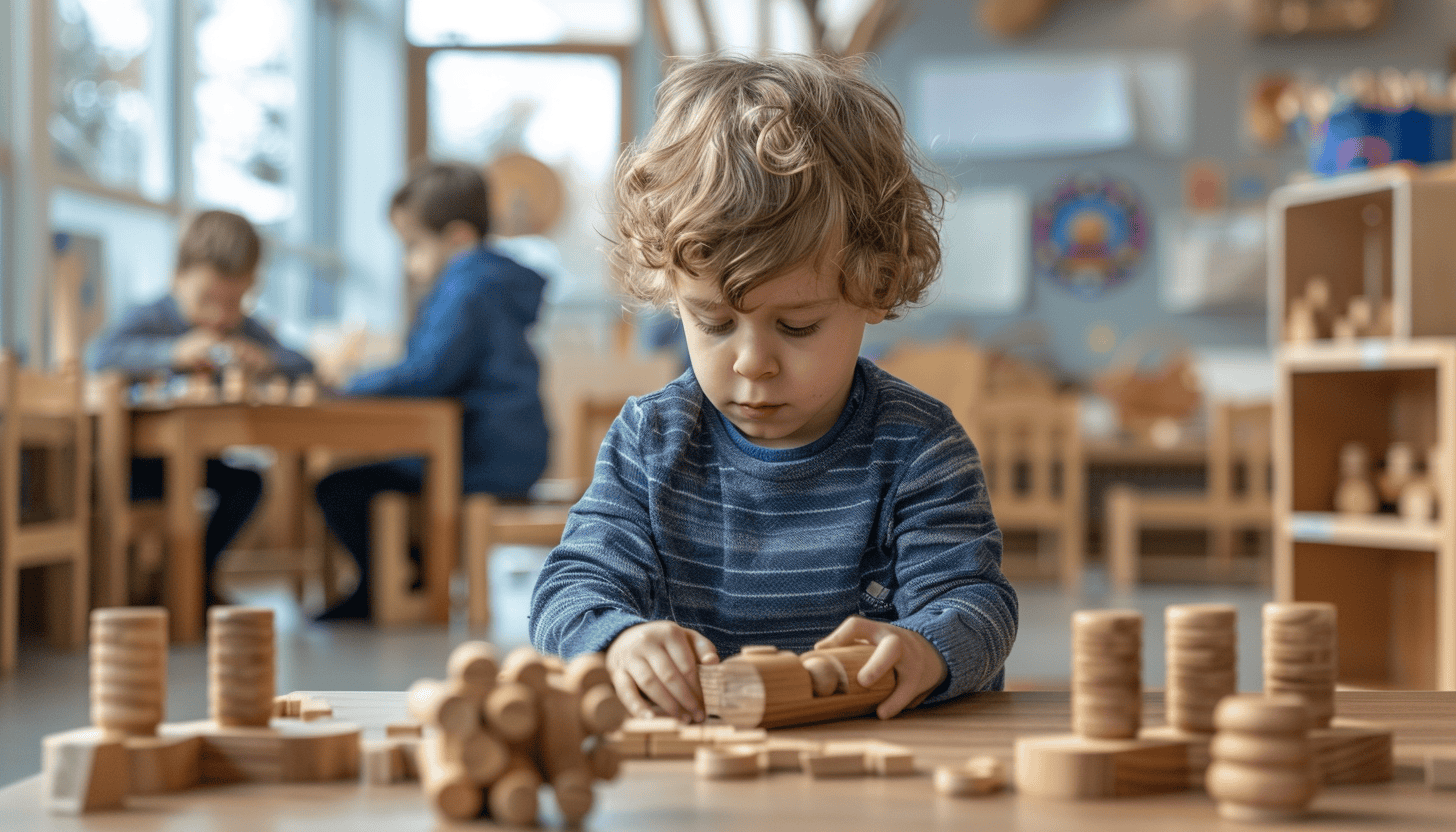 A young boy playing with wooden cylinder blocks with little knobs in an early childhood education center, surrounded by Montessori-style tables and chairs.