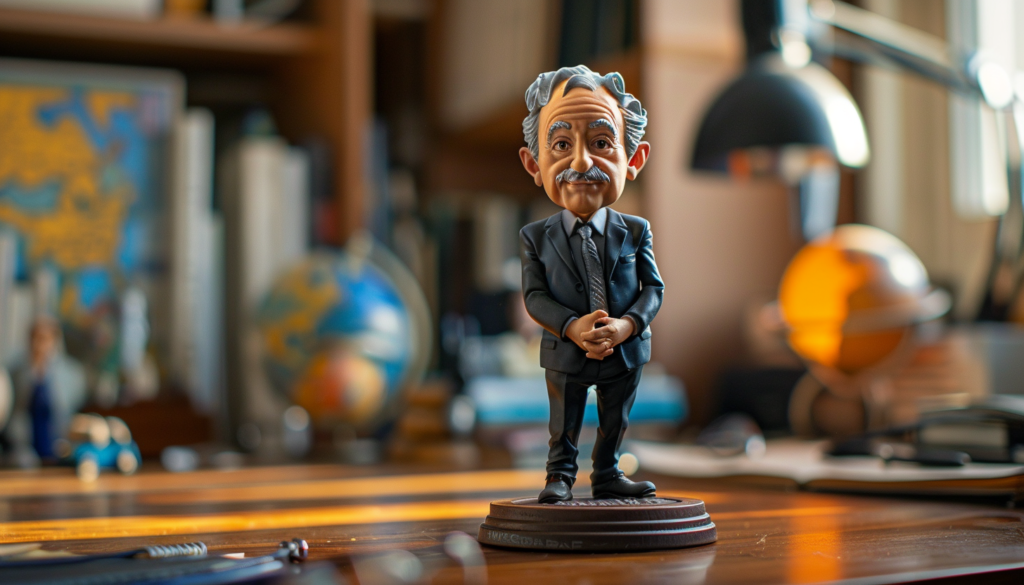 Bobblehead of retiring coworker, gifted by colleagues, prominently displayed on a desk.