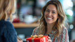 A woman receives an elegant red gift box containing a gift from her coworkers as she gets ready to leave for a different job.