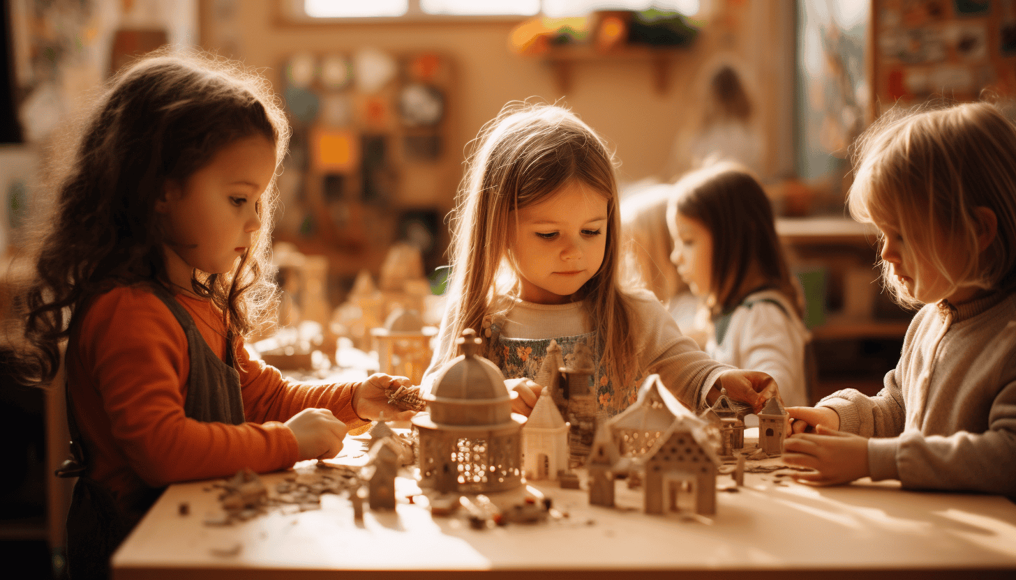 Three kids in a Montessori classroom, playing with wooden toys that develop fine motor skills.