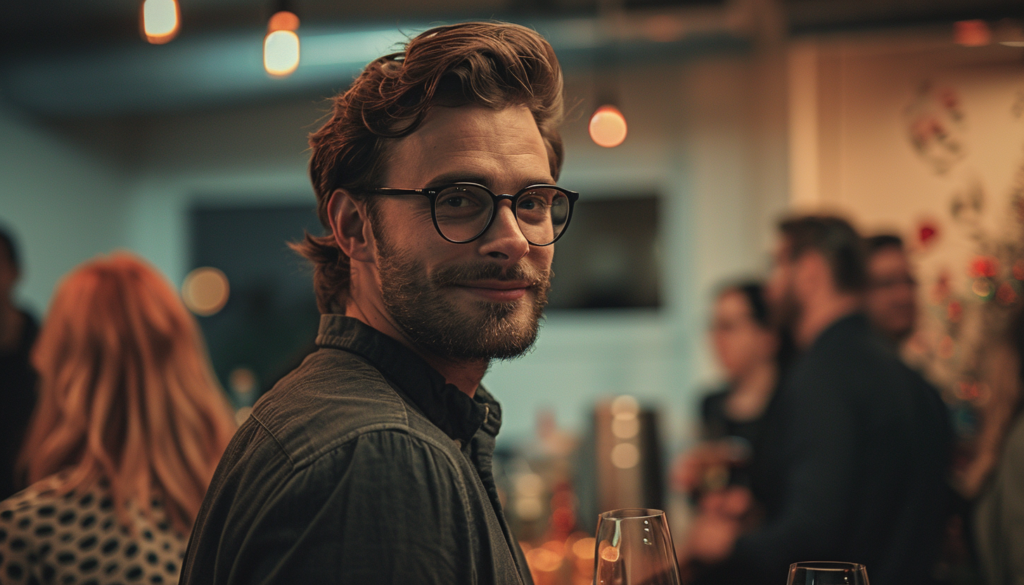 Man with glasses at a coworker's farewell party, holding a champagne glass, with a smirk anticipating coworker's reaction to their funny leaving gift.