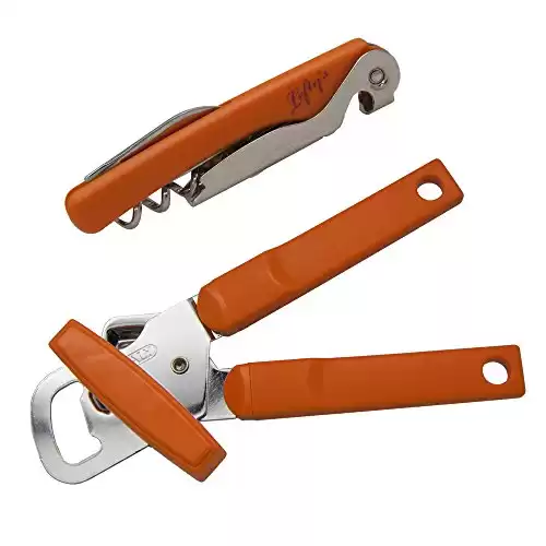 Left-Handed Manual Can Opener & Corkscrew Set, Orange Handle