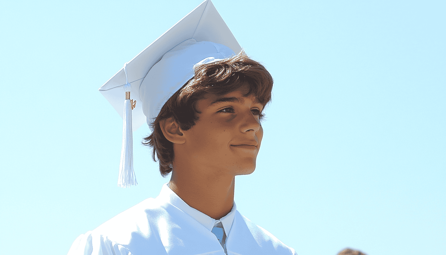 A young man at high school graduation wearing white cap and gown