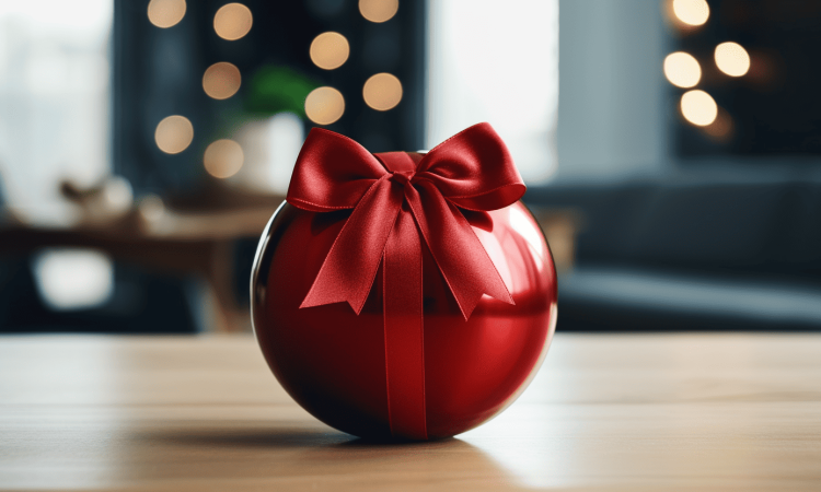 A red bowling ball with a red bow—one of the best gift ideas for a bowler.
