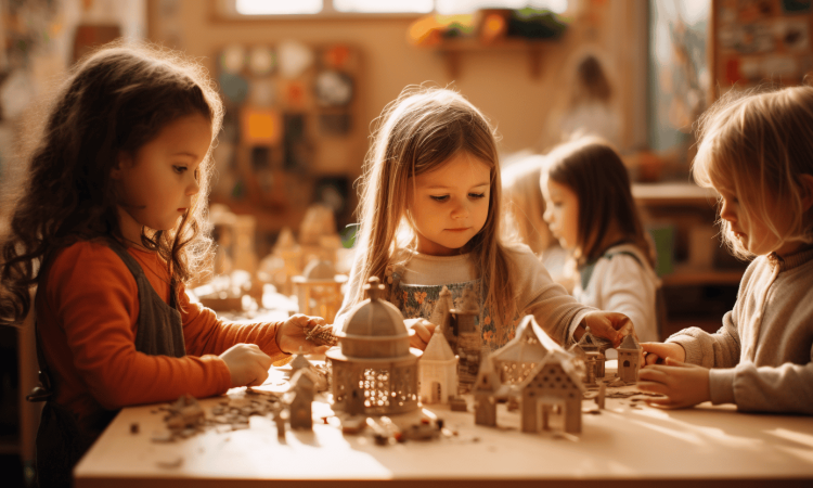 Three kids in a Montessori classroom, playing with wooden toys that develop fine motor skills.