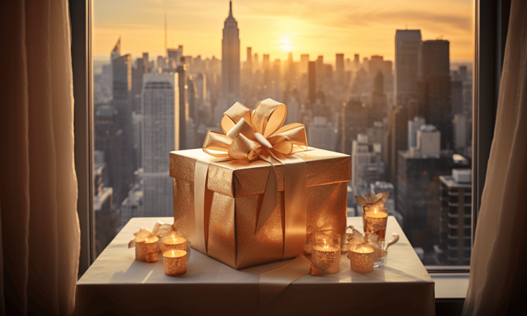 Gold wrapped present on table with candles in front of window looking out onto cityscape.