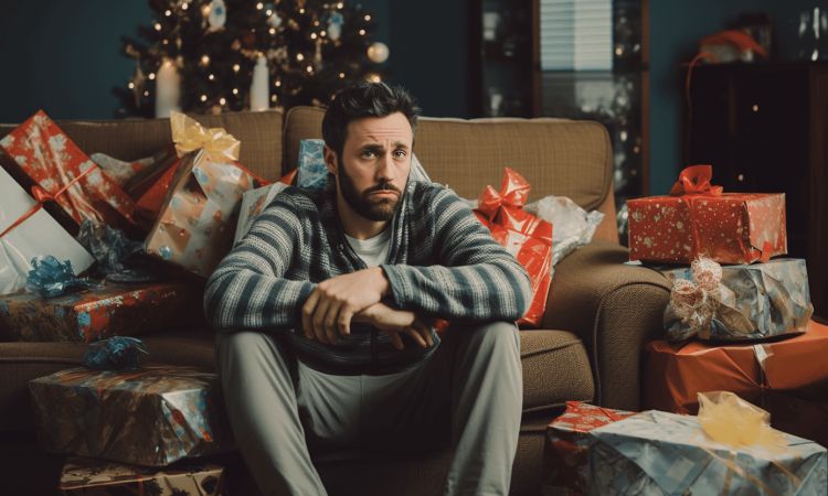 A man sitting on a couch surrounded by hastily wrapped gift packages, wondering how to stop buying gifts for extended family.