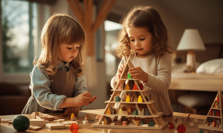 Two young girls playing with an expensive Montessori toy—a model teepee made of natural wood.