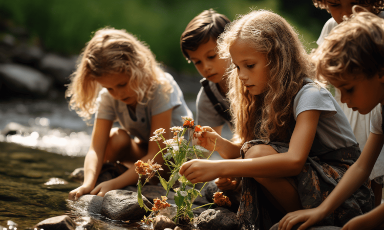 Five kids by a creek, joyfully picking flowers—best outdoor gifts for kids give them an appreciation for nature.